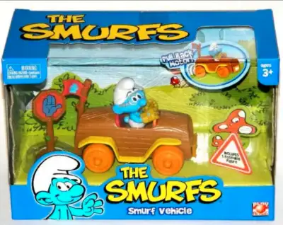 Smurfs playset includes a Smurf poseable figurine, pull back car, and a sign. New in box, $28 The ve...