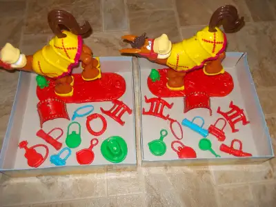 Game includes: Working plastic mule/horse with base along with the following accessories: Blanket, s...