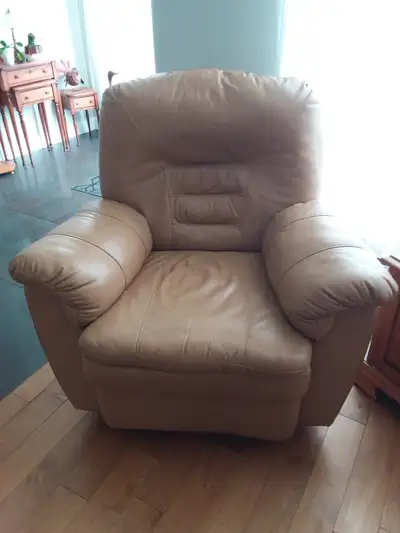 Fauteuil Elran berçant inclinable pieds et dossier, couleur Caramel, tout en cuir véritable, Hauteur...