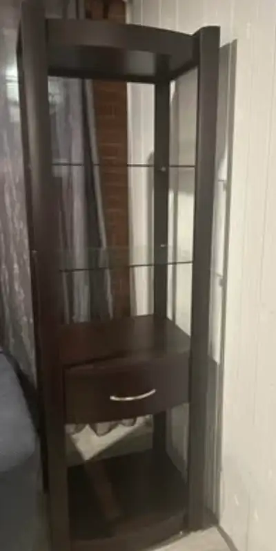 Étagère en bois avec tablettes en verre et tiroir, View more