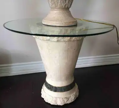 HOME DECOR: ACCENT TABLE WITH ROUND, GLASS TOP PLUS LAMP DESCRIP, View more