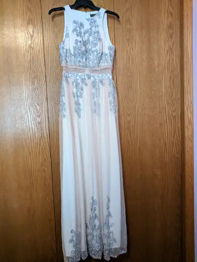 Full length evening gown in white, size 6, best fits 5’3” and 130 lb, $80 OBO.
