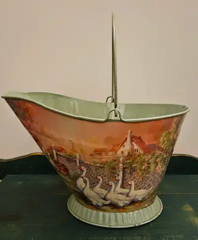 HAND PAINTED VTG GALVANIZED COAL OR ASH BUCKET, View more