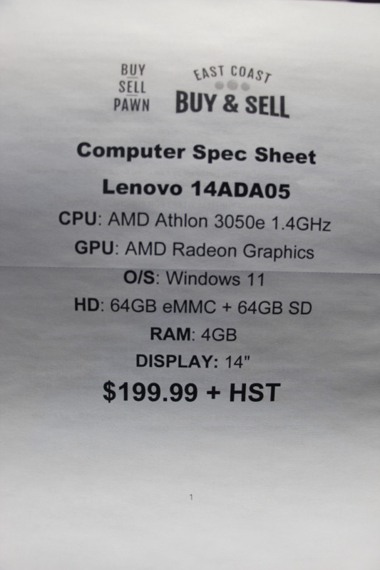 Lenovo Laptop 14ADA05, Computer Spec Sheet (#15167) in Laptops in City of Halifax - Image 3