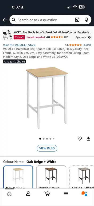 This is a used VASAGLE breakfast bar table, square tall bar table, heavy-duty steel frame, 60 x 60 x...