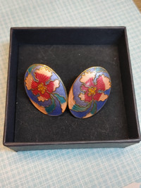 Vintage Cloisonné Clip On Earrings Gold tone Floral Oval Blue