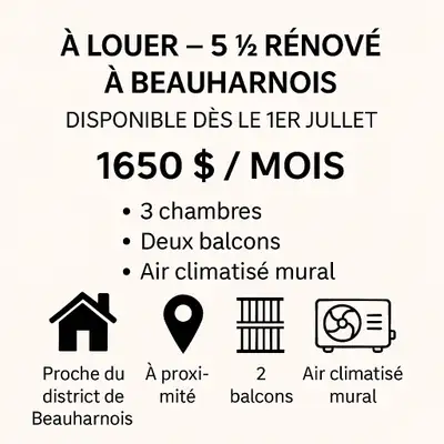 À LOUER –  Appartement 5 1/2  1er étage rénové à Beauharnois