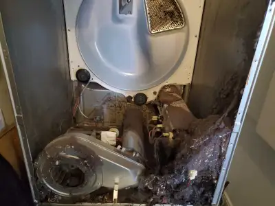 Appliance repair - dryer maintenance with lint issue, View more