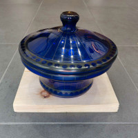Vintage Cobalt Blue Glass Candy Bowl Dish & Lid MCM Dots