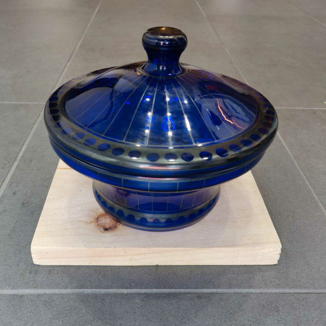 Vintage Cobalt Blue Glass Candy Bowl Dish & Lid MCM Dots in Home Décor & Accents in Hamilton