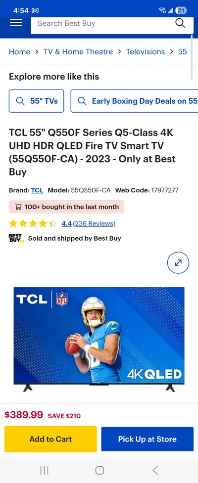 TCL 55" Q550F Series Q5-Class 4K UHD HDR QLED Fire TV Smart TV, View more