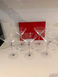 Martini Glasses With Blue Swirled Stems - Set of 5