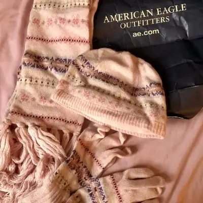 Winter hat, scarf and gloves set pink women’s New American Eagle, View more