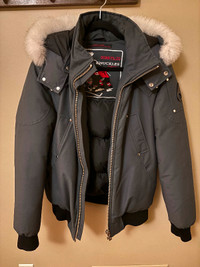 Mens Moose Knuckle's Charcoal Grey Bomber with white fur