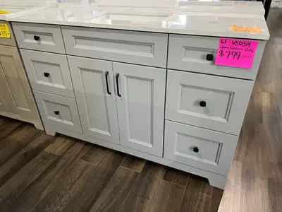54” Demo Vanity Cabinet, Colors available: o Sand Stone (Condition: Brand-new and assembled, Color:...