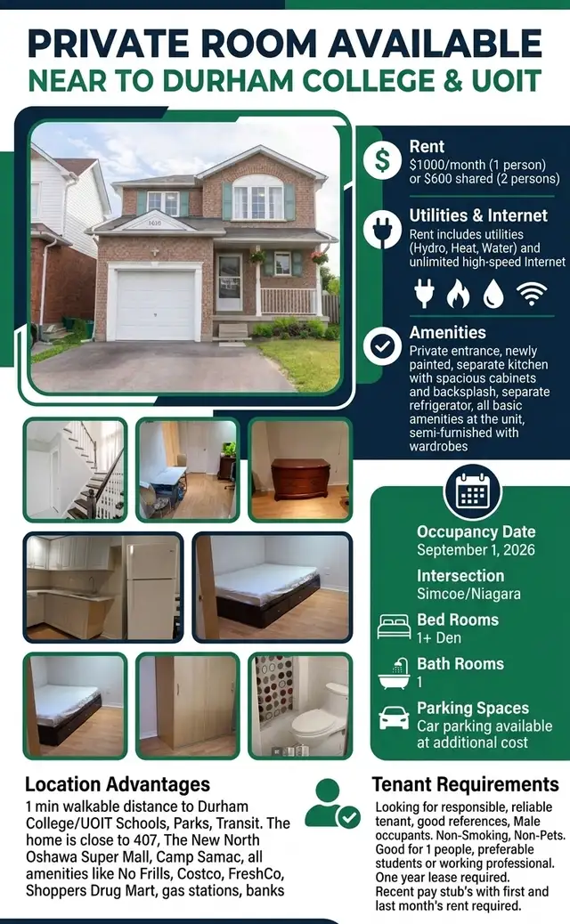 Private Room Available near to Durham College and UOIT 