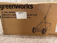 NEW Greenworks 14” reel push lawnmower with grass catcher