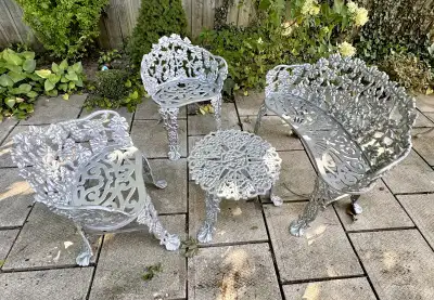 4 Piece Set of Silver Vintage Cast Iron Chairs, Bench, & Table, View more