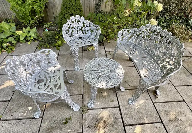 4 Piece Set of Silver Vintage Cast Iron Chairs, Bench, & Table in Patio & Garden Furniture in Norfolk County - Image 2