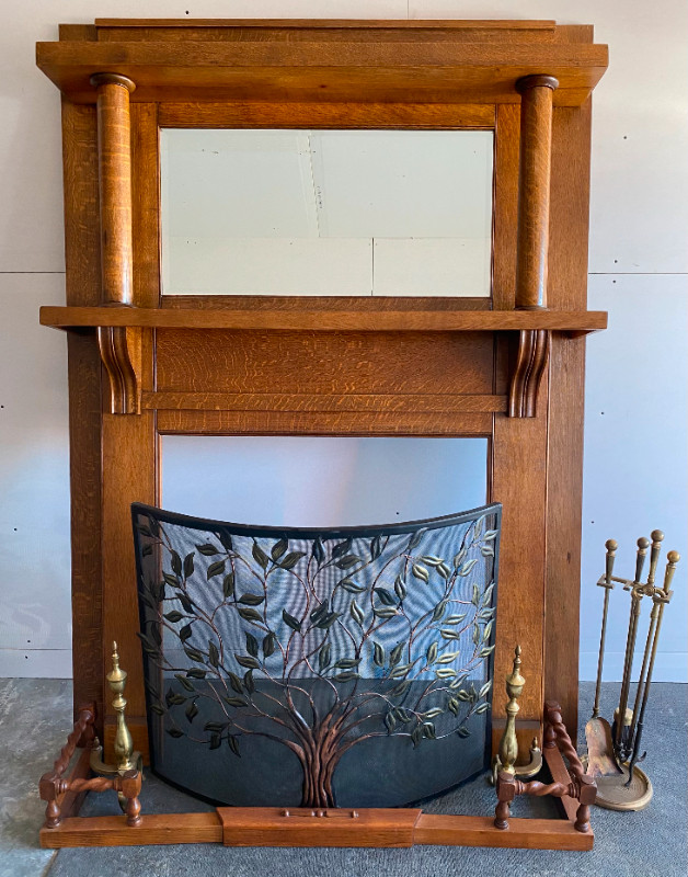 Antique oak Fireplace, antique fireplace tools and accessories