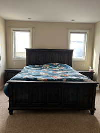 King sized bed frame and 2 end tables