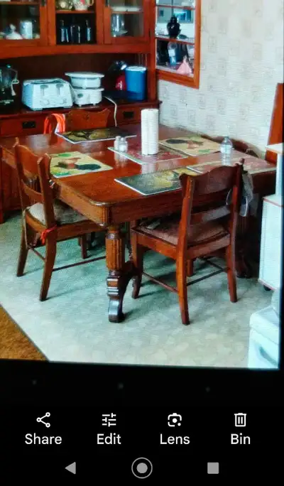 Solid oak dining room set dating back to late 1800s.... One buffet, one true harvest table, with fou...