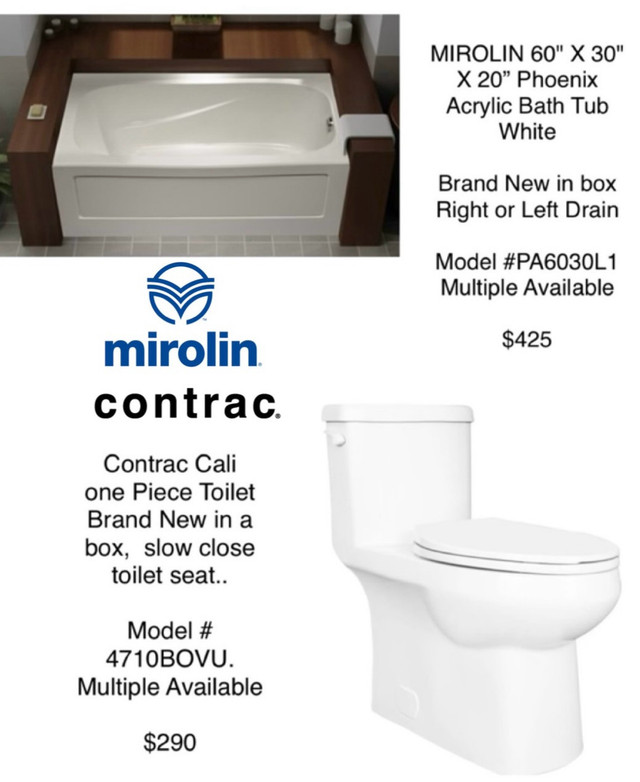 MIROLIN 60" X 30" Phoenix Acrylic Tub.. Contrac Cali Toilet in Plumbing, Sinks, Toilets & Showers in City of Toronto