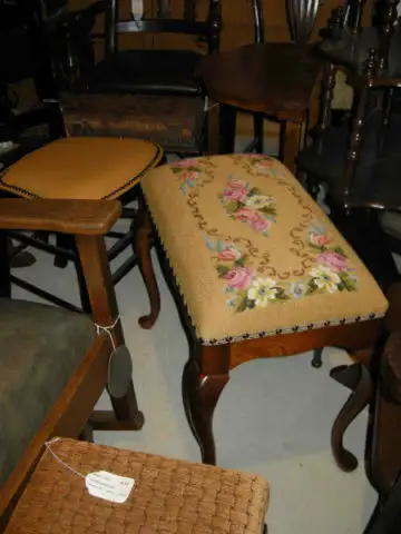 Many different antique ottoman, stools ,benches in FABRIC
