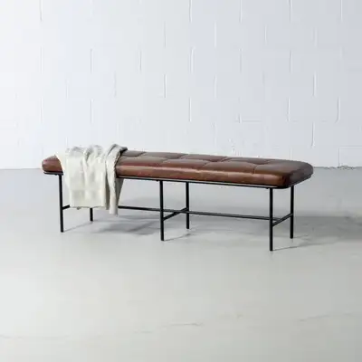 Milan Vintage Brown Leather Bench w/Black Metal Legs, View more