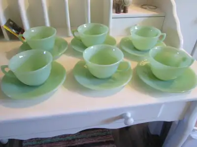Jadeite Fire King glass tea cups with saucers, perfect condition