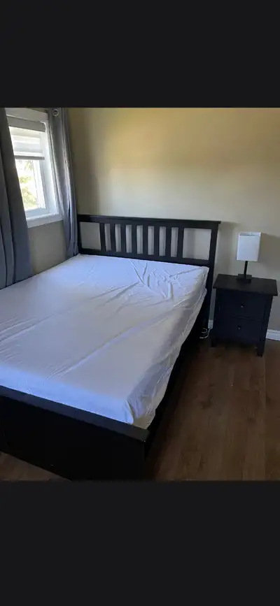 Queen sized bedroom set with mattress and boxspring one night stand and dresser asking 600.00 Locate...