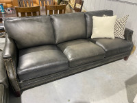 Grey leather sofa nailhead trim 