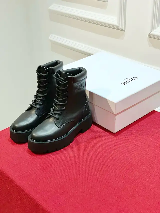 New Celine Black Leather Lace Up Platform Motorcycle Ankle Boots63235093195523121