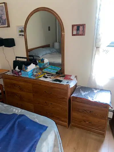 Dresser with mirror, tall dresser, bed side table, wardrobe and two small tables