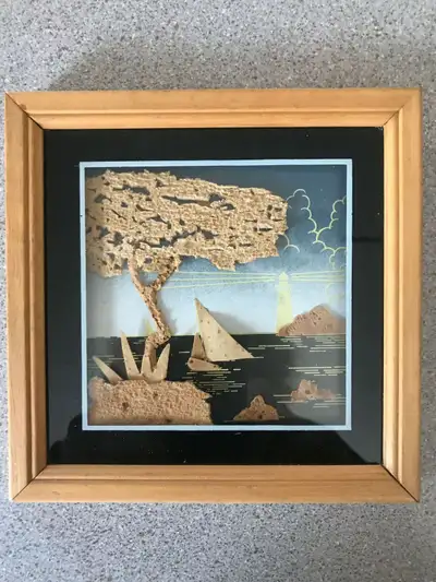 Handmade oriental Chinese cutout cork diorama sea view framed picture i.e. lighthouse, sailing ship,...