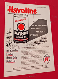 1952 TEXACO HAVOLINE MOTOR OIL RETRO ORIG AD - ANNONCE HULE