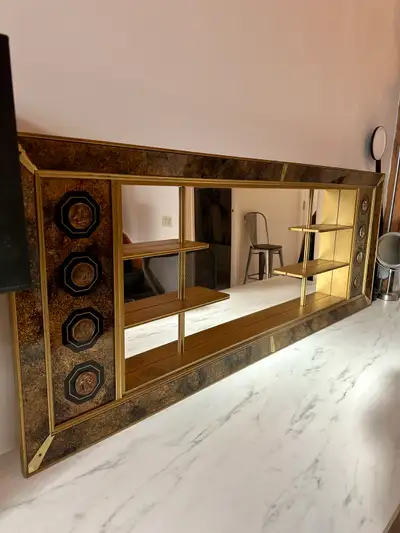 VINTAGE MCM SHADOW BOX VANITY MIRROR W DISPLAY SHELVES GOLD, View more