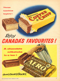 1958 full-page magazine ad, Rowntree’s Aero Bar / Coffee Crisp