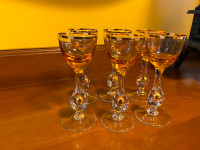 6 Vintage Amber Colored Footed Cordials Glasses Gold Rim Ball