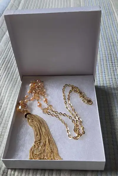 Gold tone pearl style bead tassel necklace jewellery, View more