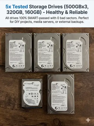 5x Tested Storage Drives (500GBx3, 320GB, 160GB) - Healthy & Rel, View more
