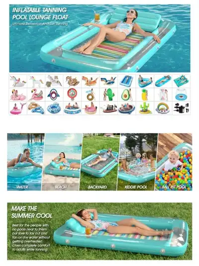 This is an inflatable tanning pool lounger float. It features a removable headrest and a drink holde...