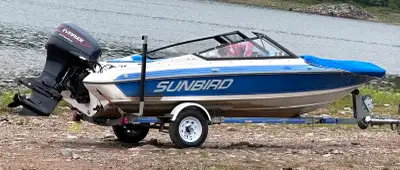 Sunbird SPL 160 speedboat, equipped with an Evinrude 115 Intruder outboard motor. The interior featu...