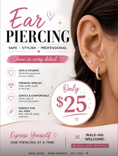 Ear Piercings $25 for ears and $30 for nose, View more