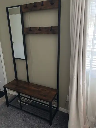 Coat rack with mirror and seat, View more