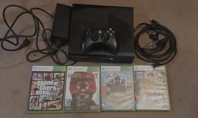 Have an Xbox 360 E Model console 500 GB, comes with all cords, one controller, headset and 4 games....