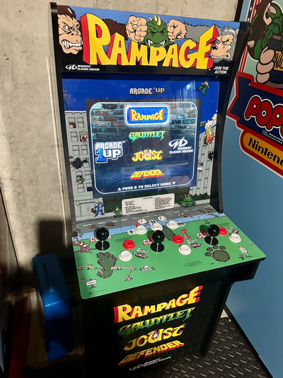 Excellent condition 3 player Rampage arcade by Arcade 1up. Also includes Gauntlet, Joust and Defende...