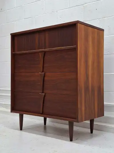 Refinished mid-century walnut dresser (highboy), View more
