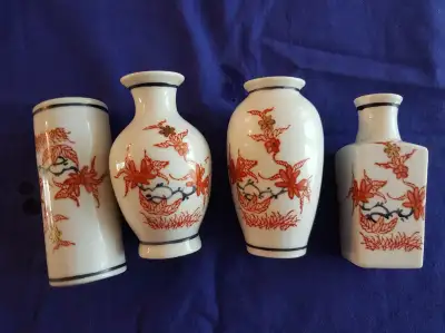 Set of four vintage OverJoy Porcelain Vases Floral Motif, Hand-painted in Hong Kong. they are all in...