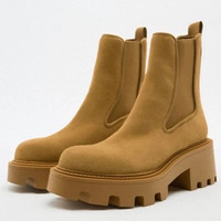 Zara Camel Suede Split Leather Chunky Lug Sole Chelsea Ankl Boot